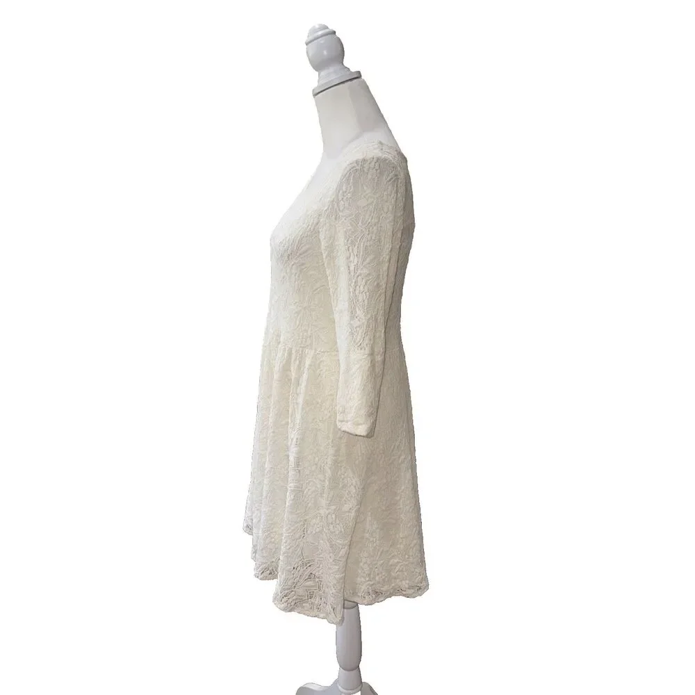 Free People Cream Lace Mini Dress 3/4 Sleeve Fit & Flare Boho Wedding Guest M